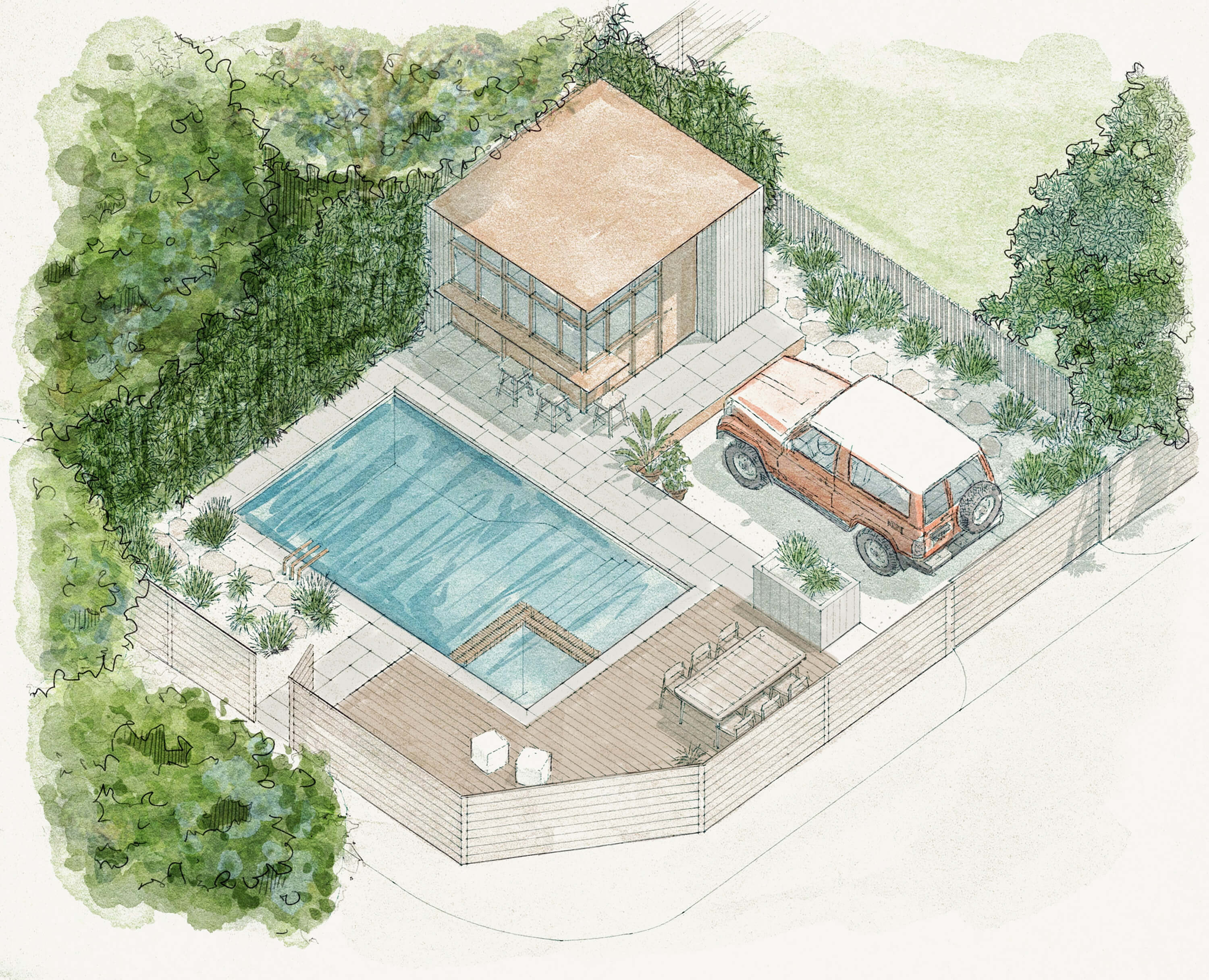 Golden Hour Pools Grand pool illustration with Lueders stone coping and ipe wood deck in an Oak Cliff, Dallas, Texas backyard