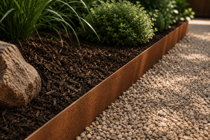 Golden Hour landscape steel edging separating mulch planting bed from crushed limestone gravel