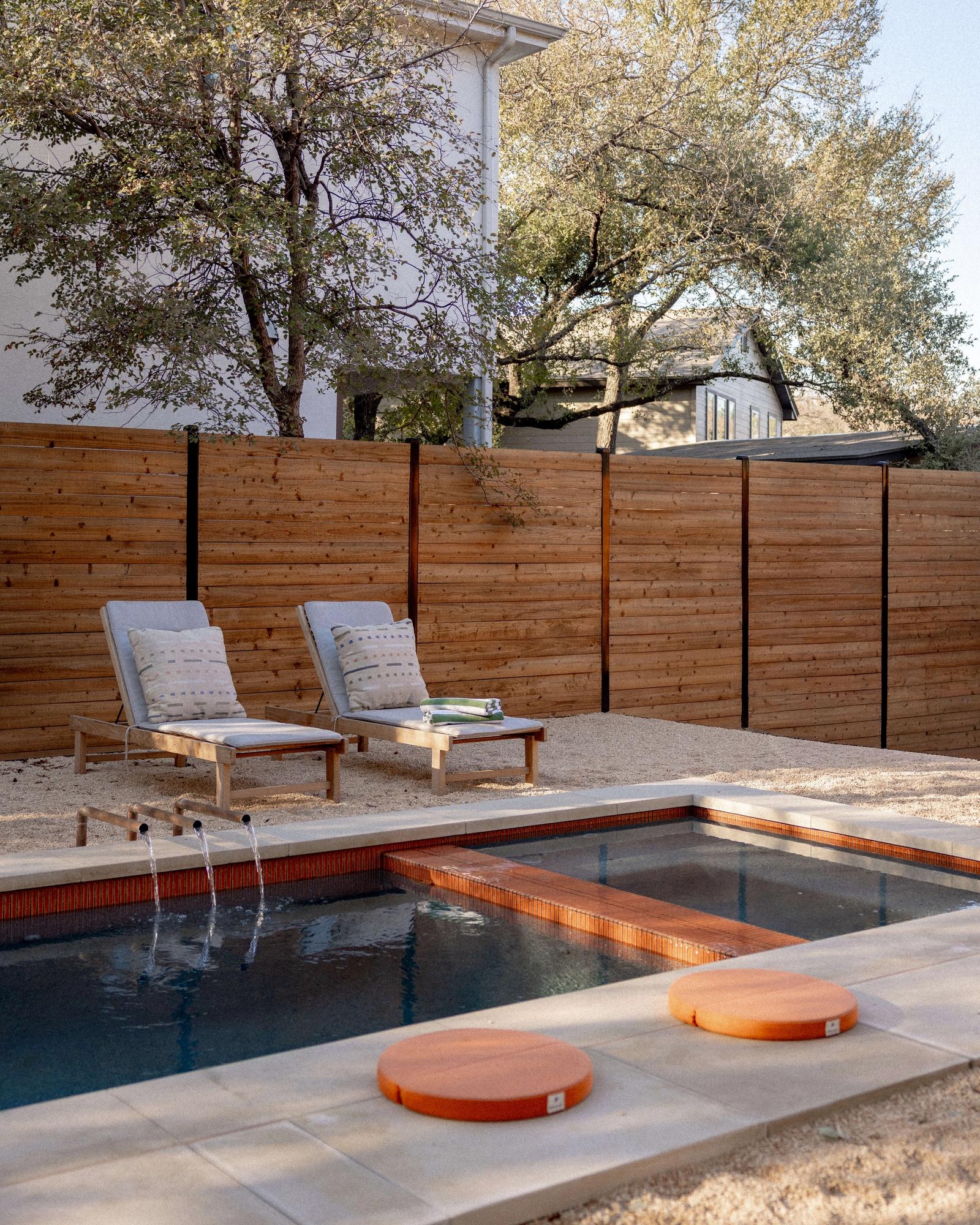 Golden Hour Pools Classic + Spa in Austin, featuring pool and spa with terracotta floats and gunite plaster finish