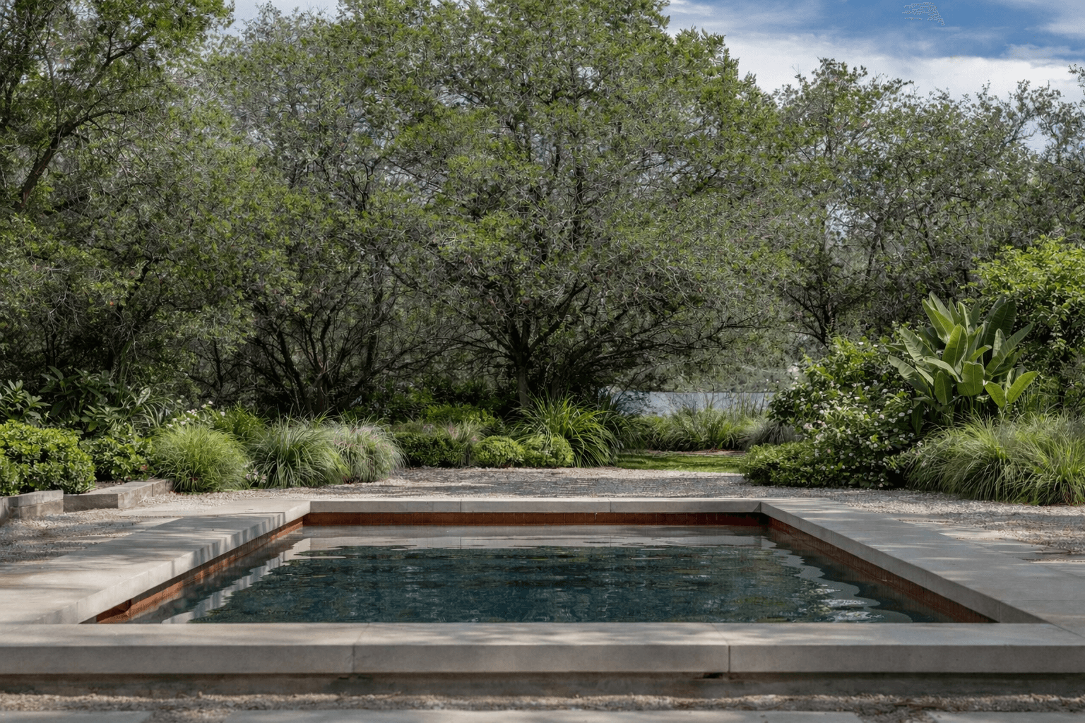 Golden Hour Pools Classic in Austin, featuring dark plaster pool with mature trees behind and gunite plaster finish