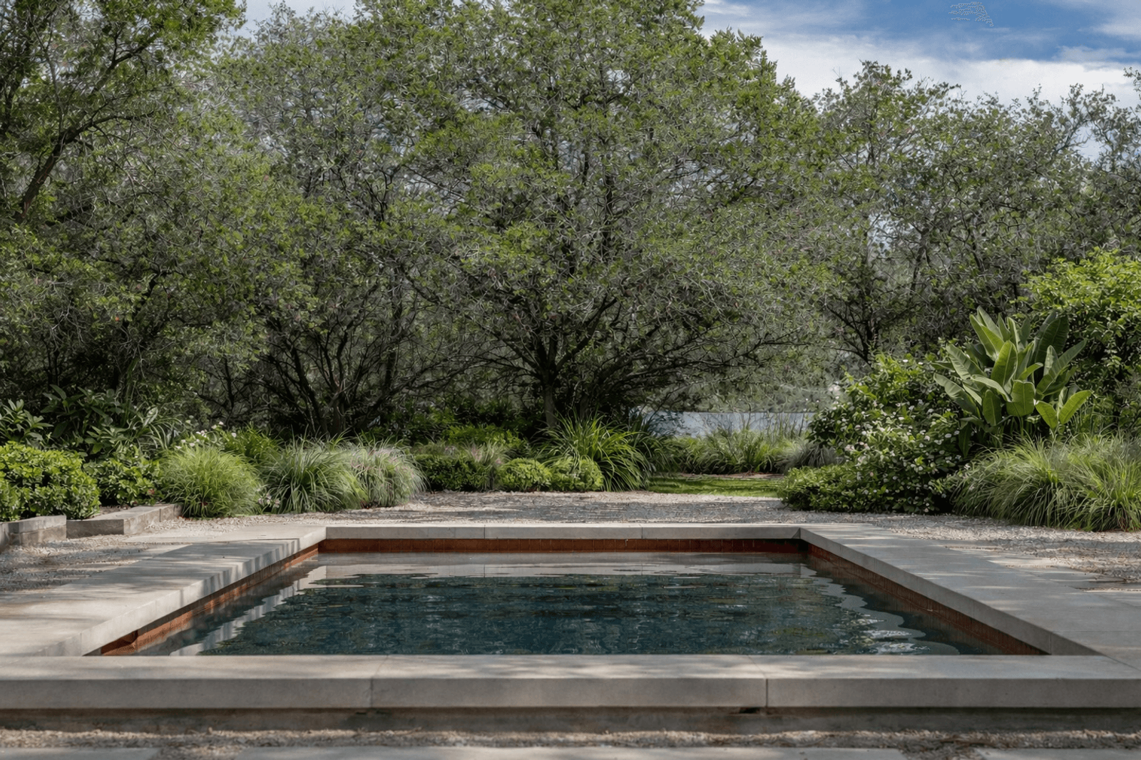 Golden Hour Pools Classic in Austin, featuring dark plaster pool with mature trees behind and gunite plaster finish