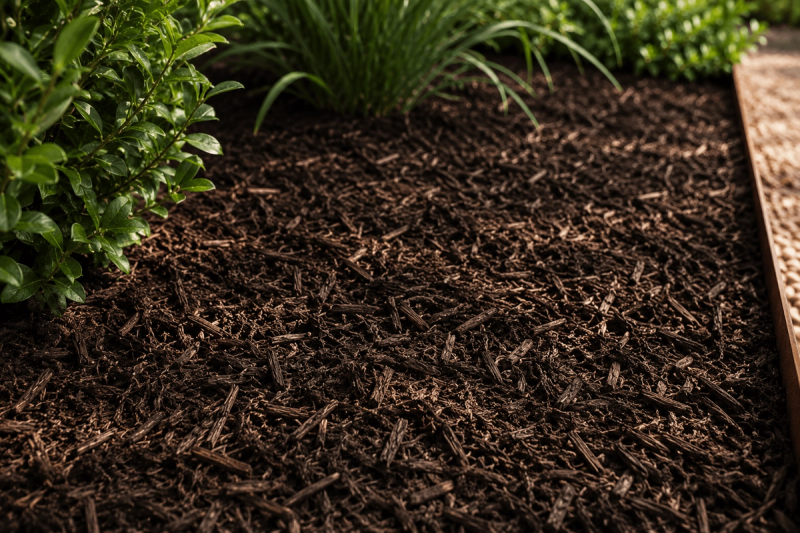 Golden Hour landscape cedar mulch planting bed with shrubs and steel edging
