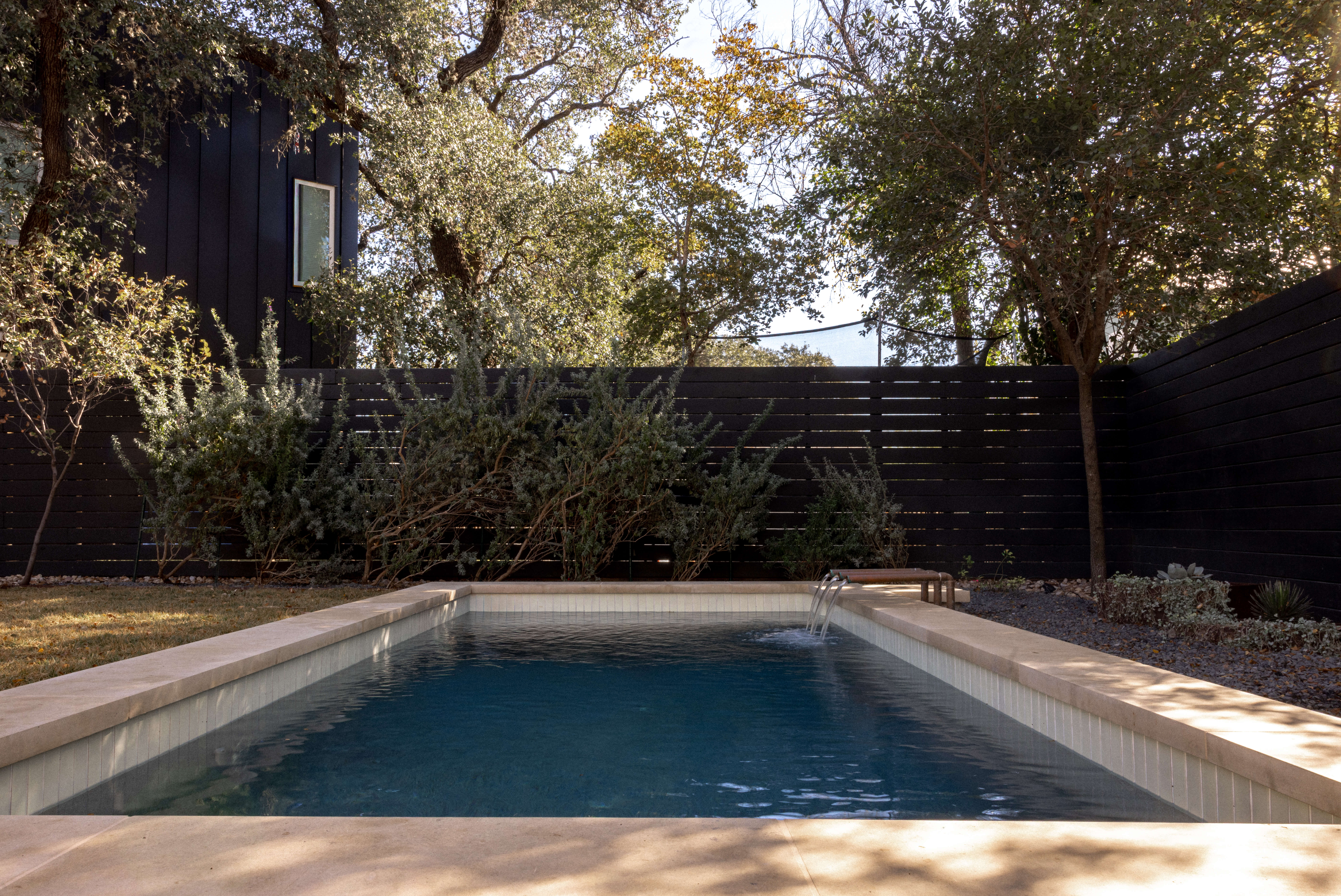Golden Hour Pools Classic in Austin, featuring black horizontal fence with mature trees and gunite plaster finish