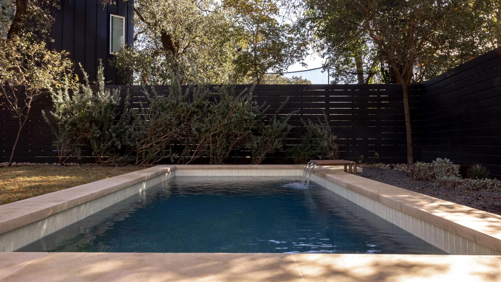 Golden Hour Pools Classic in Austin, featuring black horizontal fence with mature trees and gunite plaster finish
