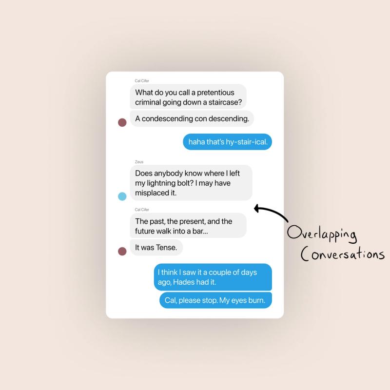 A screenshot of text messages containing overlapping conversations