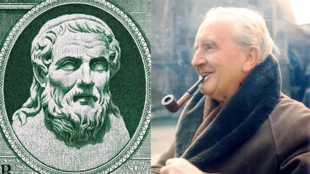 A side-by-side image featuring a green, engraved portrait of the ancient Greek poet Hesiod, styled like a vintage banknote, on the left. On the right is a color photograph of J.R.R. Tolkien smiling and smoking a pipe in a heavy coat.