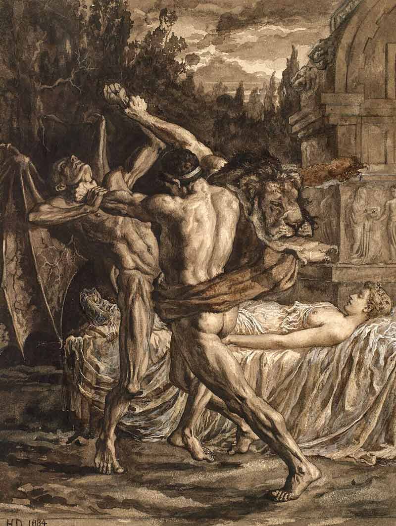 A sepia-toned, monochromatic illustration depicting a violent physical struggle. In the center foreground, a highly muscular man viewed from behind—identifiable as Hercules by the lion skin draped over his shoulder—forcefully grapples with a gaunt, skeletal, winged figure representing Death, gripping it by the throat. To the right, a pale woman lies seemingly deceased on a heavily draped bier next to a stone tomb. The background consists of a dark, shadowy landscape with trees and distant hills, and the initials "HD" alongside the date "1884" are visible in the bottom left corner.