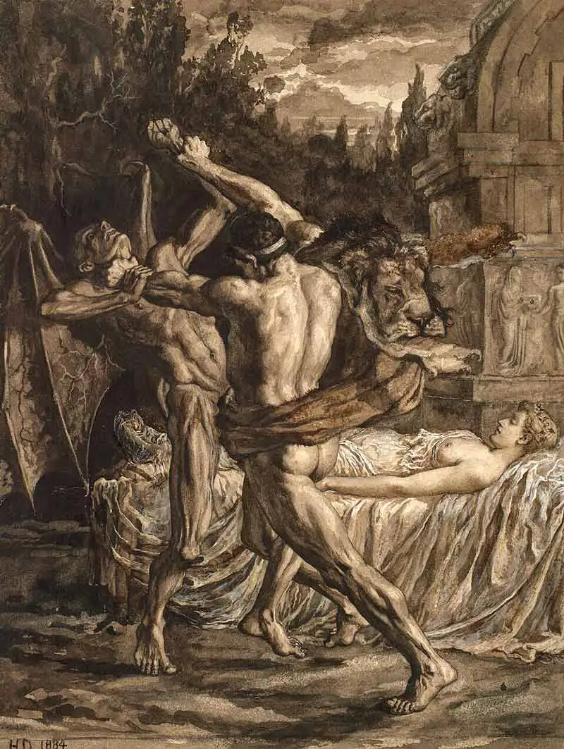 A sepia-toned, monochromatic illustration depicting a violent physical struggle. In the center foreground, a highly muscular man viewed from behind—identifiable as Hercules by the lion skin draped over his shoulder—forcefully grapples with a gaunt, skeletal, winged figure representing Death, gripping it by the throat. To the right, a pale woman lies seemingly deceased on a heavily draped bier next to a stone tomb. The background consists of a dark, shadowy landscape with trees and distant hills, and the initials "HD" alongside the date "1884" are visible in the bottom left corner.