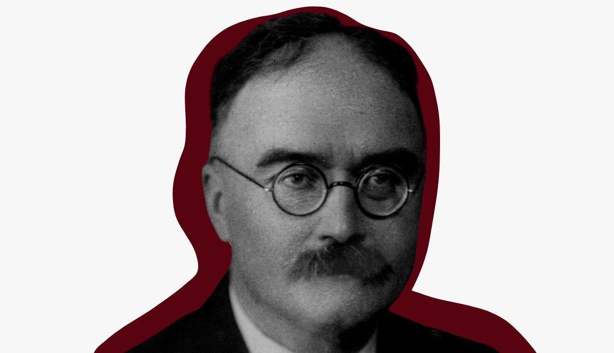 Historical black and white portrait of French sociologist Maurice Halbwachs wearing round spectacles and a mustache, set against a dark red outline.
