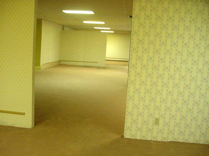 A slightly tilted, low-resolution photograph capturing an empty, labyrinthine office space. The walls are covered in pale yellow wallpaper with a subtle, repeating vertical pattern, and the floor is a dull, beige carpeting. Florescent light fixtures stretch across the ceiling, casting an eerie, uneven glow over the empty corridors that twist out of view.