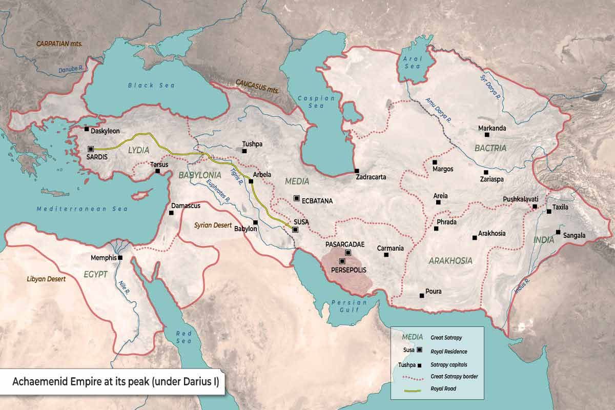 Map of the Achaemenid Persian Empire at its peak under Darius I, showing major satrapies, the Royal Road, and capital cities like Persepolis, Susa, and Babylon.