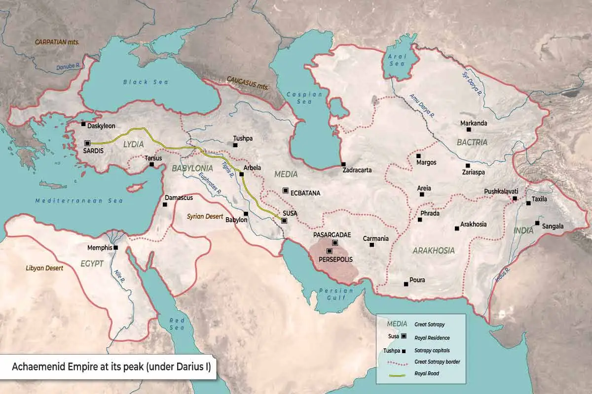 Map of the Achaemenid Persian Empire at its peak under Darius I, showing major satrapies, the Royal Road, and capital cities like Persepolis, Susa, and Babylon.