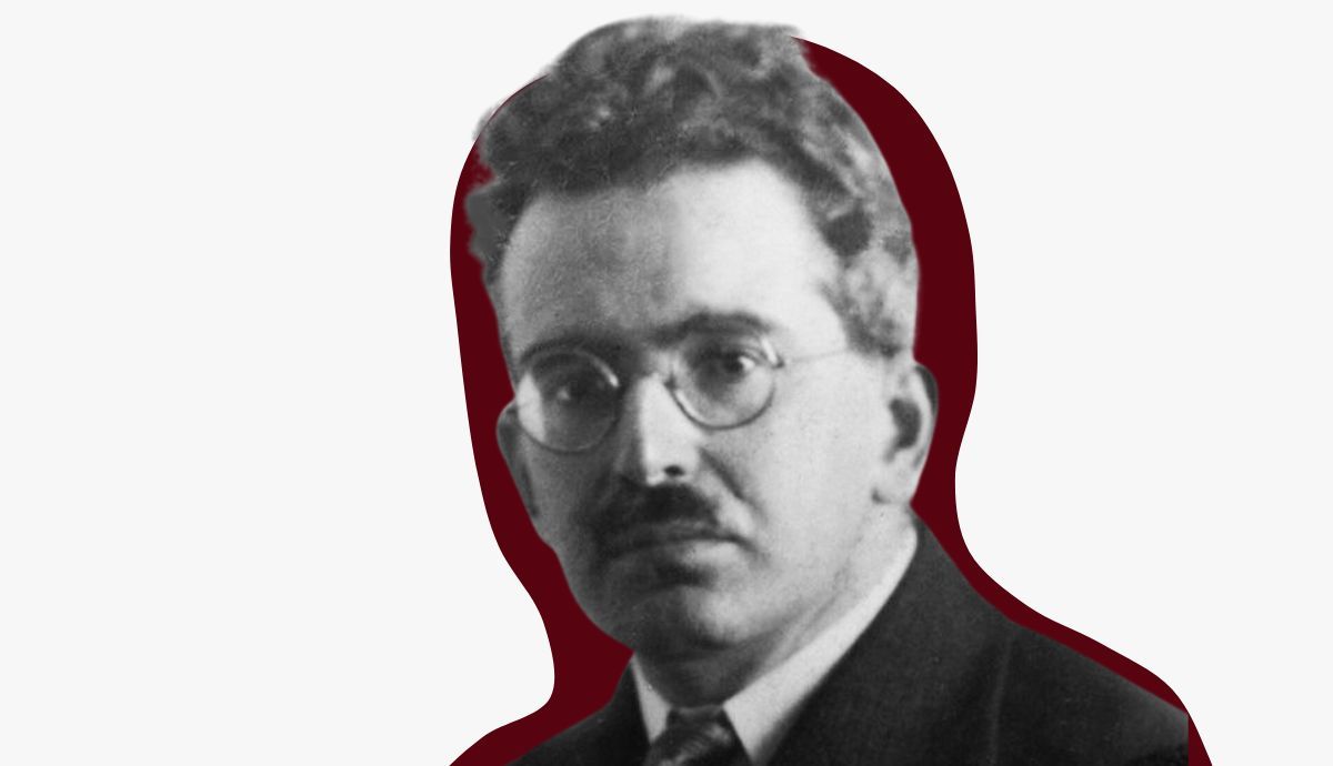 Black and white portrait of philosopher Walter Benjamin outlined with a dark red border.