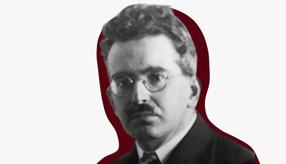 Black and white portrait of philosopher Walter Benjamin outlined with a dark red border.
