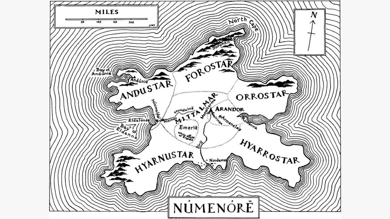 A black-and-white line-drawn map of the fictional island of Númenor, depicting its five distinct peninsulas and central region, with various geographical features, coastal bays, and regions like Forostar and Hyarnustar labeled.
