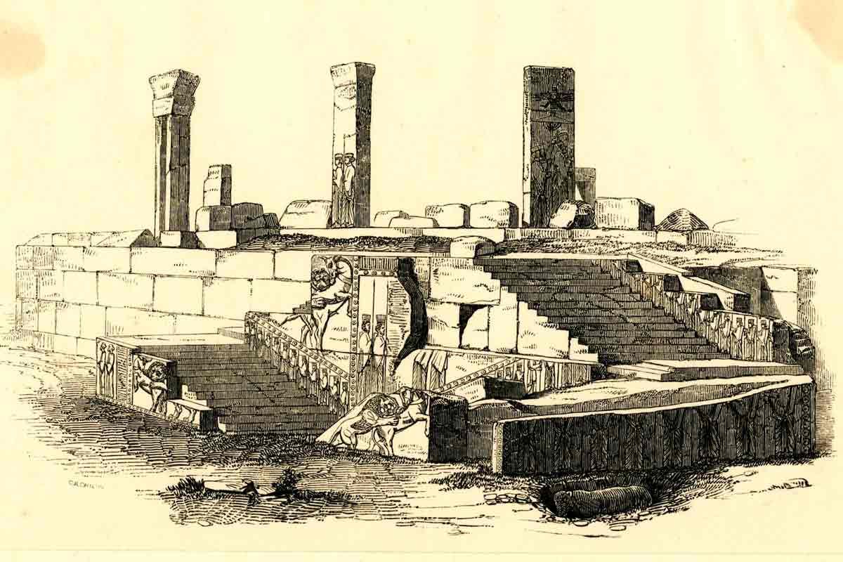 19th-century archaeological drawing of the ruins of Persepolis, showing the monumental staircases and relief carvings of the Apadana palace in the Achaemenid Persian Empire.