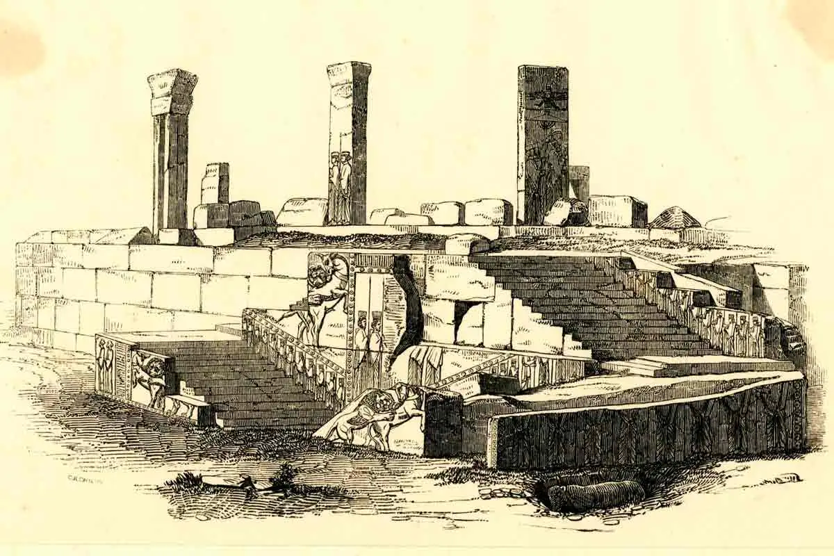 19th-century archaeological drawing of the ruins of Persepolis, showing the monumental staircases and relief carvings of the Apadana palace in the Achaemenid Persian Empire.