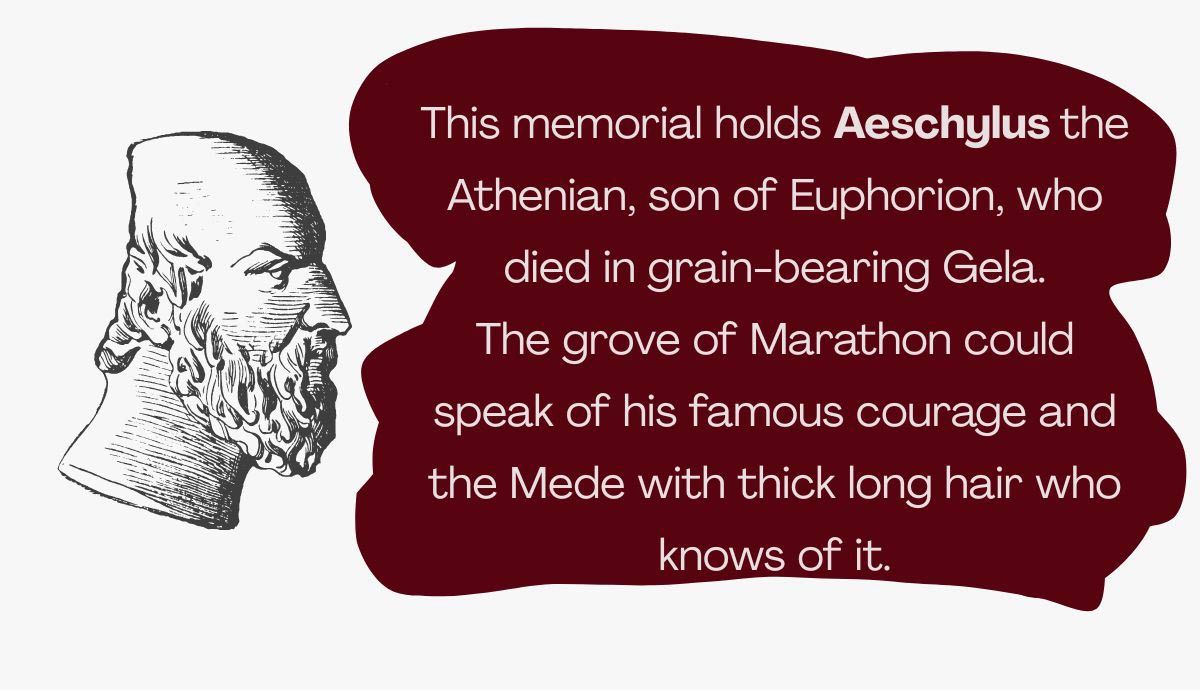 A classical line drawing profile of Aeschylus alongside a dark red graphic shape containing the English translation of his famous tombstone epigram celebrating his military valor at Marathon.