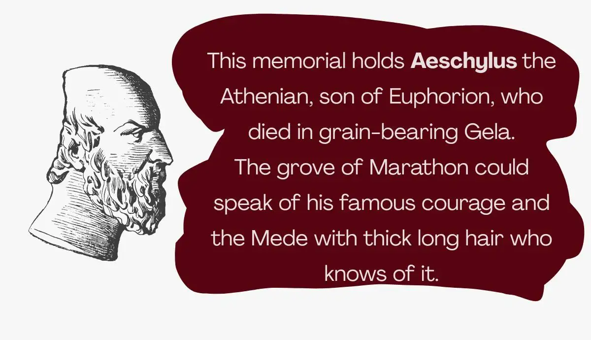 A classical line drawing profile of Aeschylus alongside a dark red graphic shape containing the English translation of his famous tombstone epigram celebrating his military valor at Marathon.