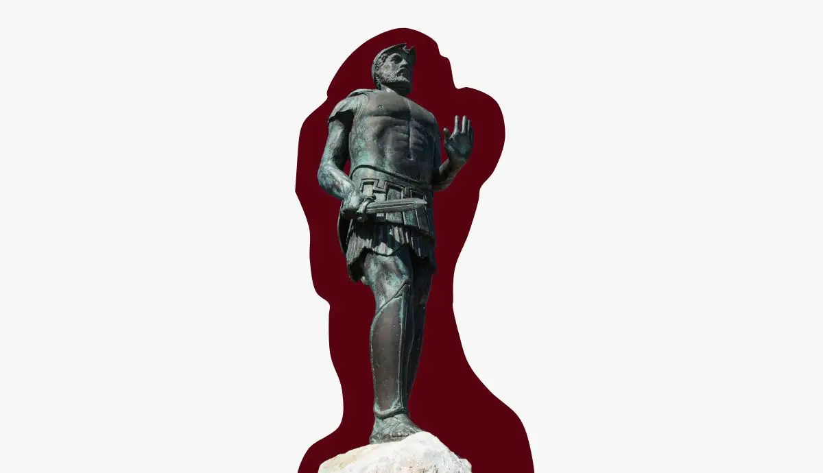 A full-length photograph of the bronze statue of the ancient Athenian general Miltiades at Marathon, standing on a stone base holding a sword, outlined by a dark red silhouette layer against a stark white background.