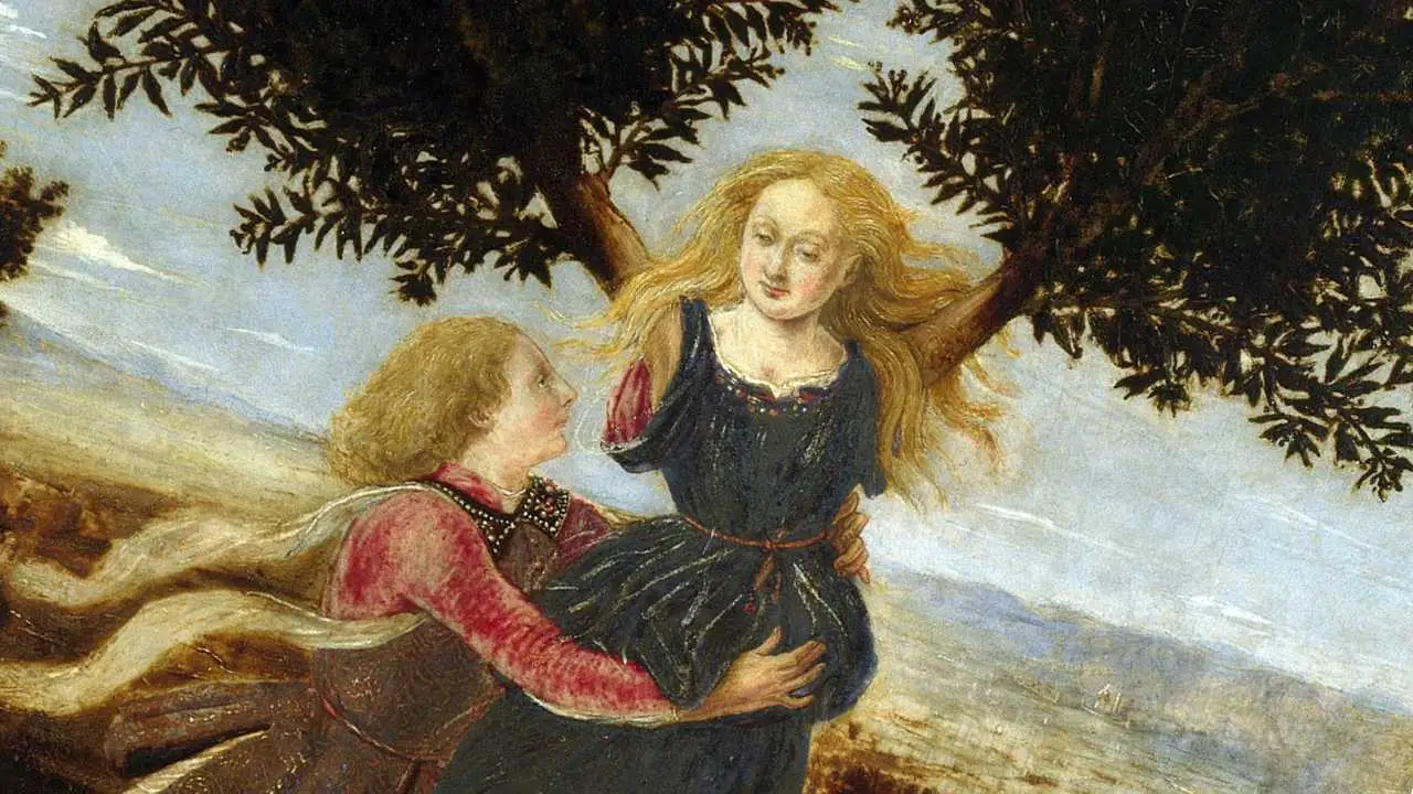 A Renaissance-style painting showing a young, blonde woman in a dark blue dress mid-transformation; her arms are turning into the thick, leafy branches of a tree. A young man with reddish-blonde hair embraces her around the waist from behind, looking up at her face.
