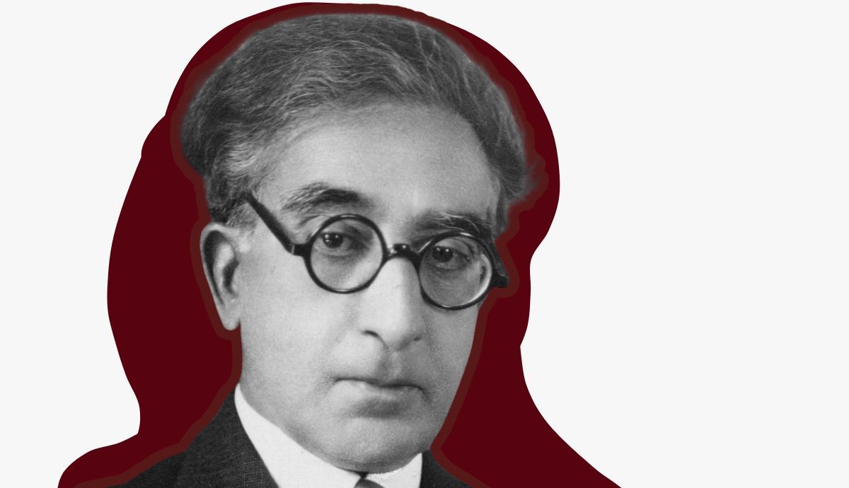 A black and white portrait photograph of the modern Greek poet C.P. Cavafy wearing round glasses, framed by a dark red silhouette overlay on a solid white background.