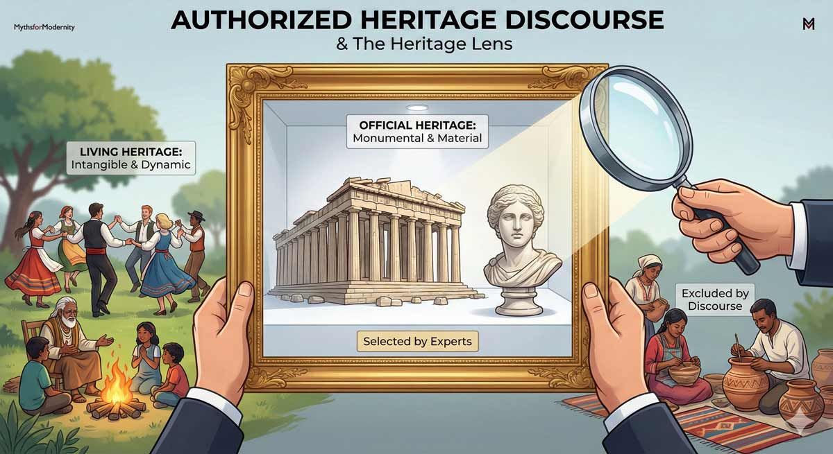Infographic illustrating Laurajane Smith’s "Authorized Heritage Discourse" (AHD). A magnifying glass focuses on "Official Heritage" (monumental and material artifacts like a Greek temple and statue) inside a gold frame, while "Living Heritage" (people dancing and storytelling) and "Excluded by Discourse" (artisans crafting pottery) remain outside the official frame.
