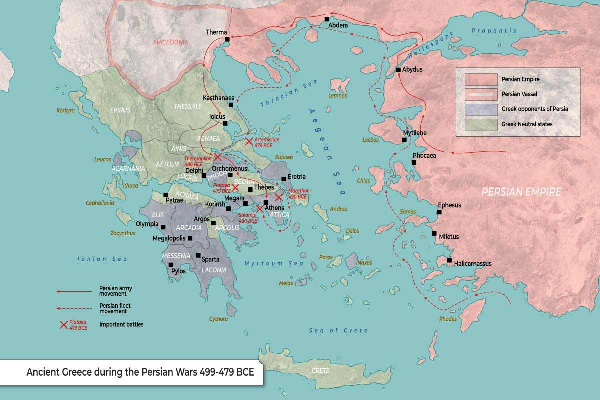 Historical map of Ancient Greece and the Persian Empire during the Greco-Persian Wars (499-479 BCE), marking major battle sites like Marathon, Thermopylae, and Salamis, and Persian troop movements.