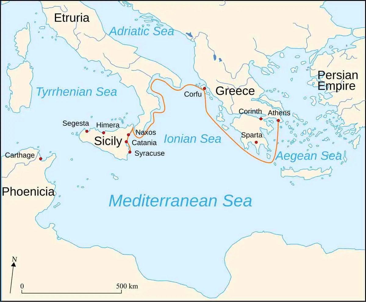 Map of the Sicilian Expedition route during the Peloponnesian War, tracing the naval journey from Athens to Syracuse across the Mediterranean and Ionian Seas.