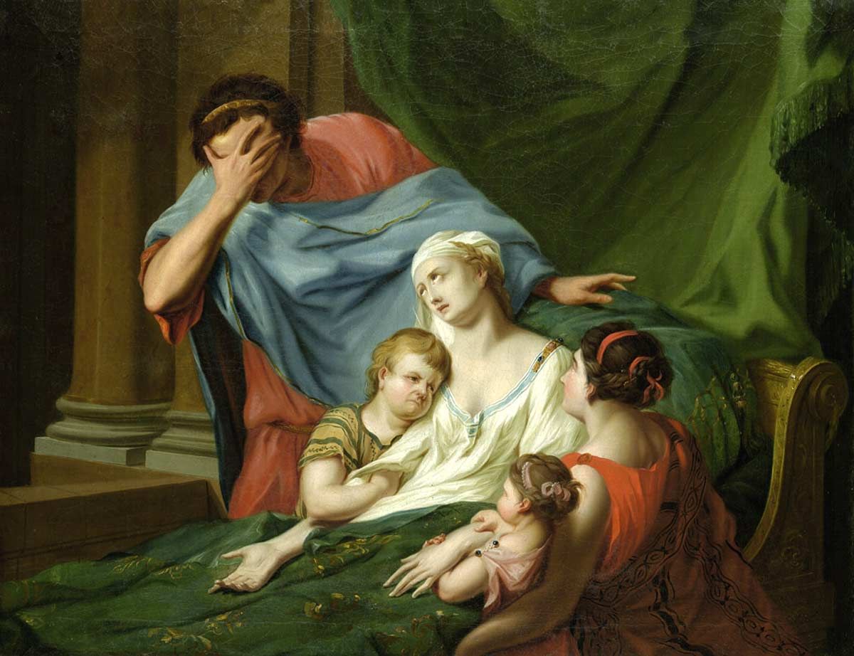 An oil painting depicting a dramatic classical scene in a dimly lit interior. A pale, ailing woman wearing a white robe is lying on a bed draped with a green patterned cover, looking upward with a distressed expression. Two small children cling to her side, while a woman in a red dress sits at the foot of the bed looking up toward her. Standing in the background, a man draped in blue and red garments covers his face with his hand in deep grief.