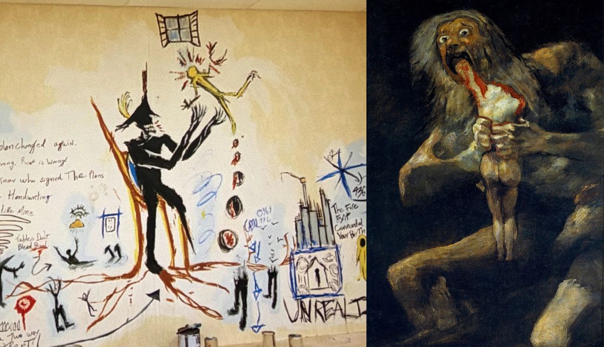 Francisco Goya's painting Saturn Devouring His Son edited into the eerie, fluorescent-lit yellow hallways of the Backrooms liminal space.