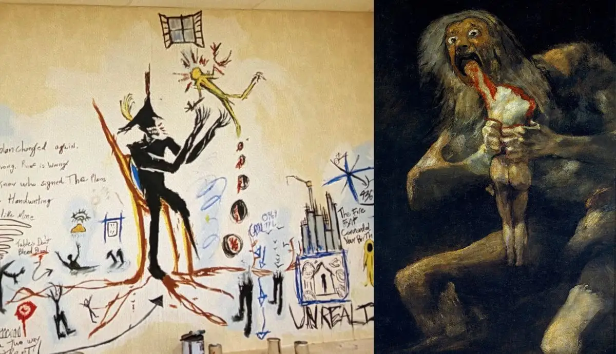 Francisco Goya's painting Saturn Devouring His Son edited into the eerie, fluorescent-lit yellow hallways of the Backrooms liminal space.
