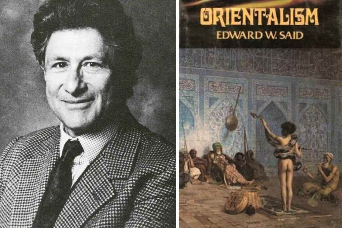 A split image featuring a black-and-white portrait of scholar Edward W. Said on the left and the book cover of his work "Orientalism" on the right. The cover features Jean-Léon Gérôme’s painting, "The Snake Charmer," depicting a nude boy holding a python before a seated audience.