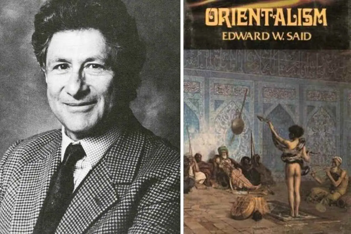 A split image featuring a black-and-white portrait of scholar Edward W. Said on the left and the book cover of his work "Orientalism" on the right. The cover features Jean-Léon Gérôme’s painting, "The Snake Charmer," depicting a nude boy holding a python before a seated audience.