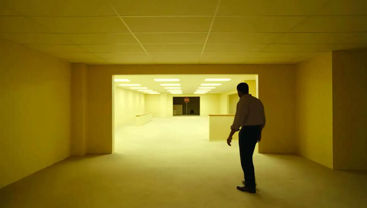 A wide-angle shot of a vast, dimly lit indoor space with monochromatic yellow walls, floors, and a gridded ceiling. In the foreground, a man in a light-colored shirt and dark trousers is viewed from behind, walking toward a large rectangular opening. Through the opening, a long, brightly lit hallway extends into the distance under rows of fluorescent lights, ending in a dark doorway where a faint red stop sign is visible.