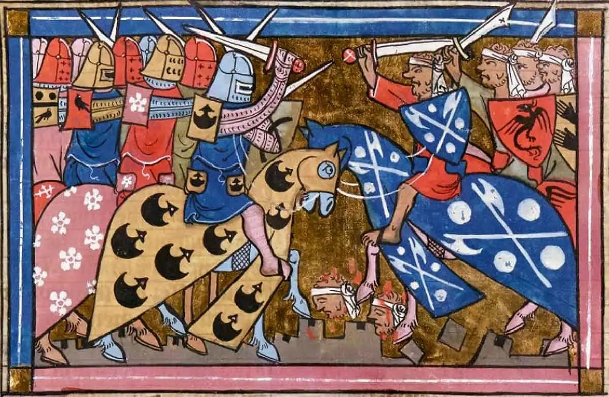 A medieval manuscript illustration of a battle between Crusaders and Saracens. Knights in full armor and helmets on the left charge toward warriors wearing headbands on the right. Severed heads lie on the ground between the clashing horses against a gold-leaf background.