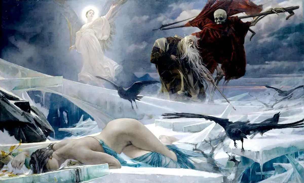 Adolf Hirémy-Hirschl's painting The Wandering Jew at the End of the World, depicting an elderly, long-bearded Ahasuerus walking across a desolate, icy landscape surrounded by a skeletal figure of Death in red robes, a radiant angel, a fallen figure in the foreground, and circling black crows.