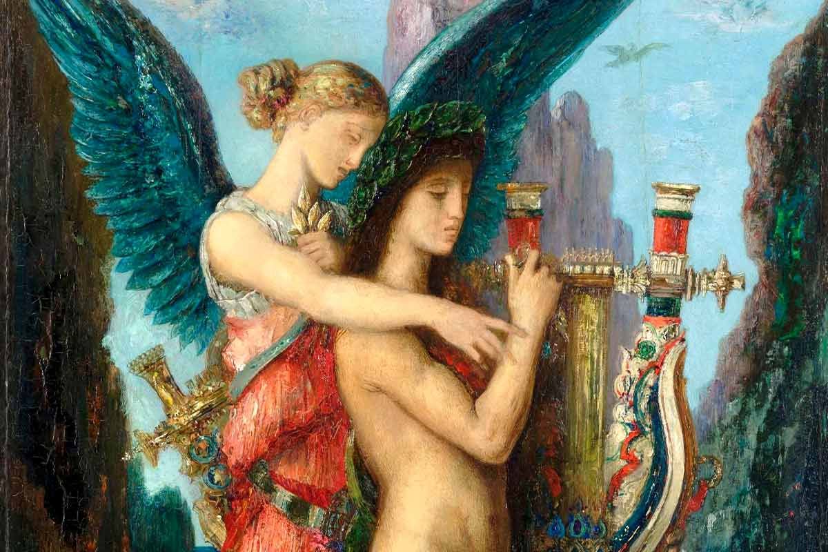detail of Gustave Moreau's painting depicting Hesiod with a harp-like instrument and the Muse whispering in his ear