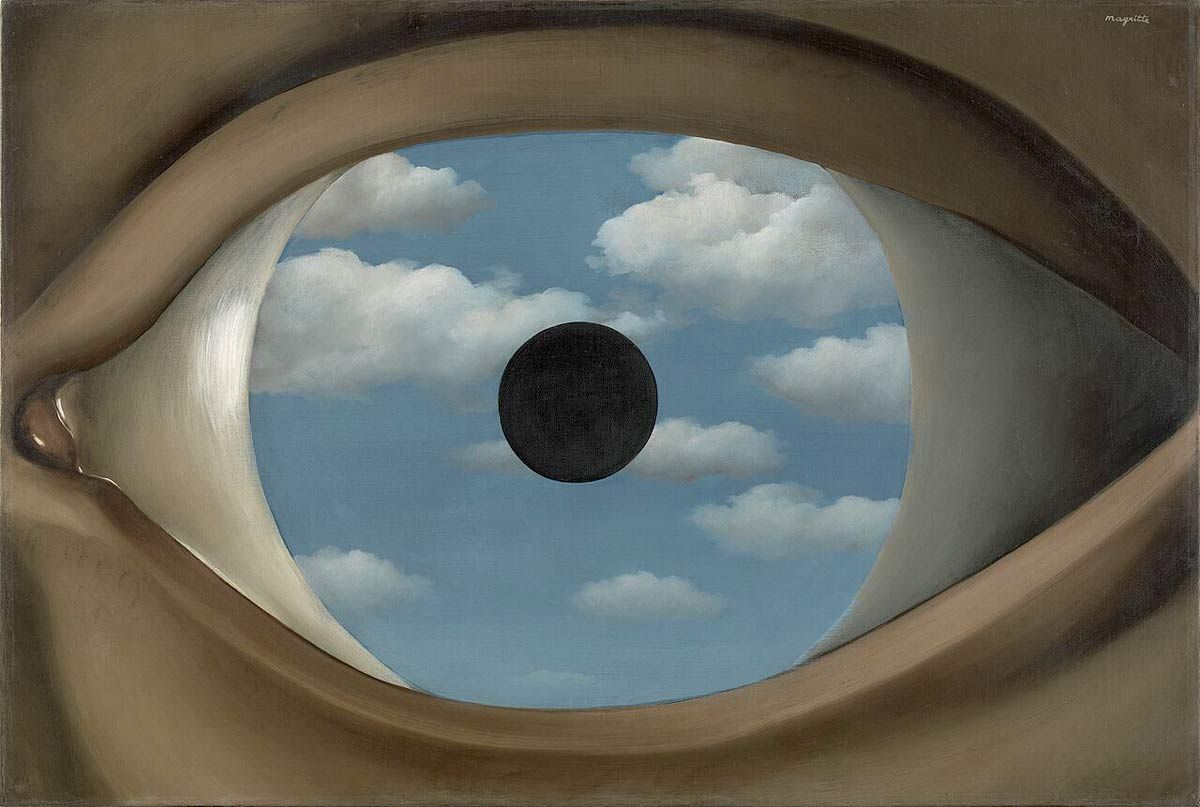 René Magritte’s surrealist painting 'The False Mirror,' featuring a giant human eye where the iris is replaced by a blue sky with white clouds. A perfect visual metaphor for Foucault's heterotopia and the mirror as a gateway to other spaces.
