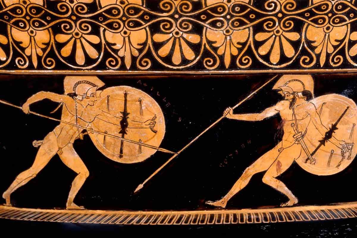 Ancient Greek red-figure vase painting depicting the duel between Achilles and Hector from the Iliad, symbolizing the pursuit of undying glory or kleos aphthiton.