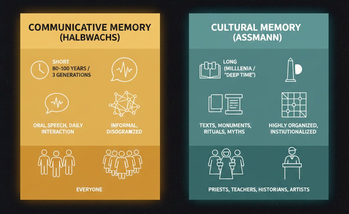 Infographic comparing Communicative Memory by Maurice Halbwachs and Cultural Memory by Jan Assmann. Communicative Memory is shown as short-term, informal, and based on oral speech for everyone. Cultural Memory is shown as long-term, institutionalized, and preserved through texts, monuments, and rituals by specialists.