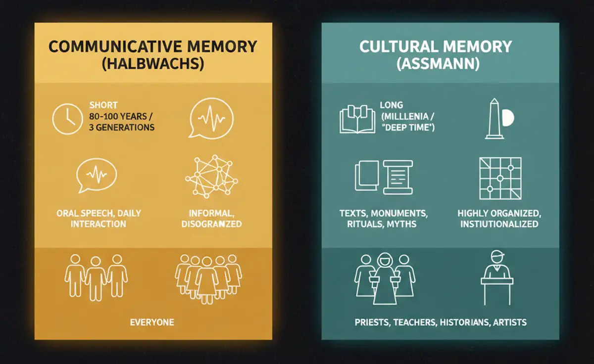 Infographic comparing Communicative Memory by Maurice Halbwachs and Cultural Memory by Jan Assmann. Communicative Memory is shown as short-term, informal, and based on oral speech for everyone. Cultural Memory is shown as long-term, institutionalized, and preserved through texts, monuments, and rituals by specialists.