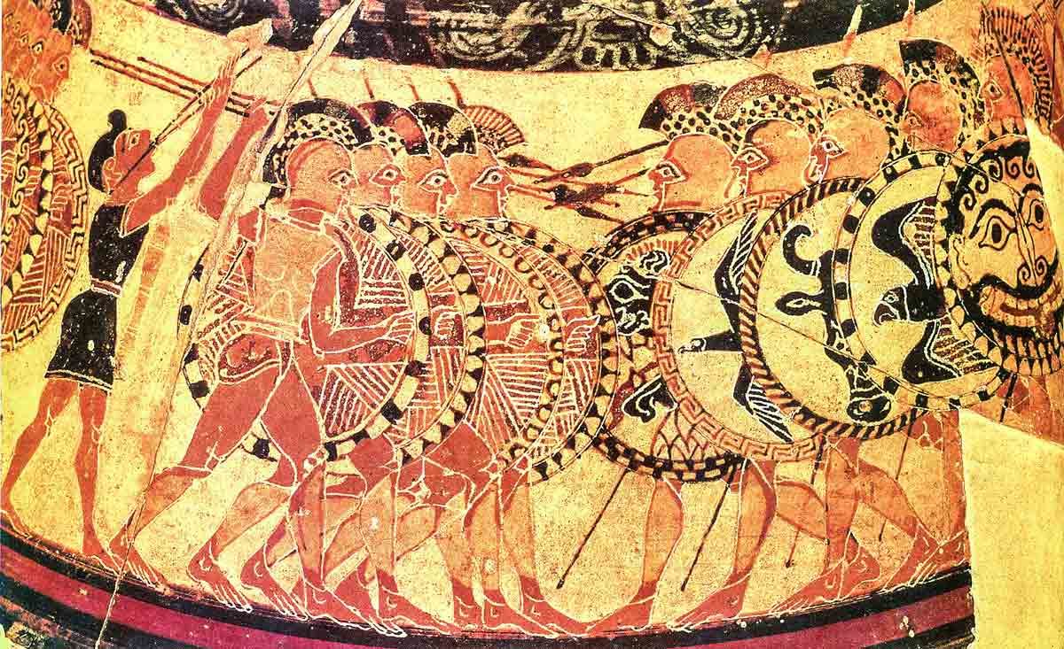 Hoplite warfare on the Chigi vase. Source: Wikimedia Commons.