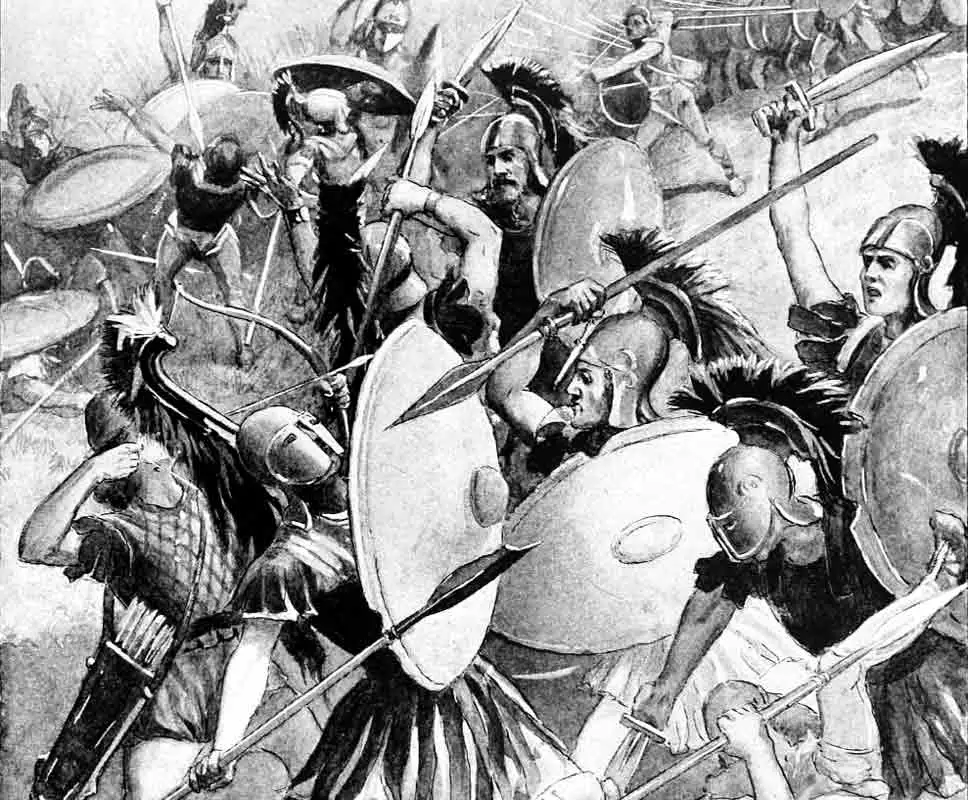 Historical illustration of the destruction of the Athenian army at Syracuse showing ancient Greek hoplite soldiers engaged in chaotic, close-quarters combat.