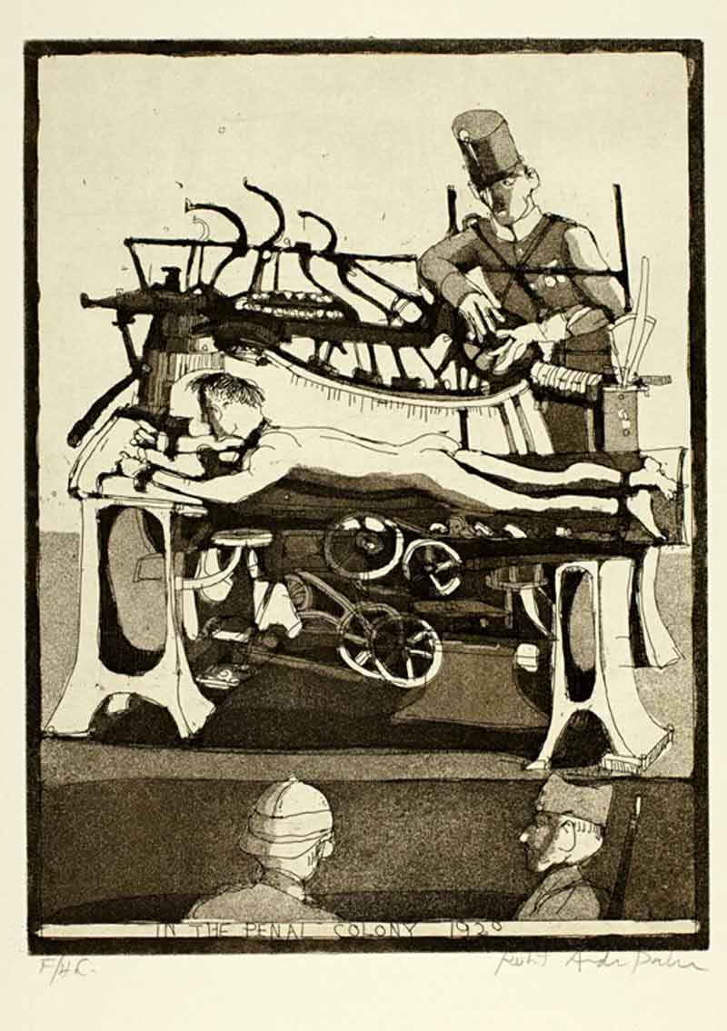 Title graphic for In the Penal Colony by Franz Kafka, featuring a close-up drawing of the story's execution apparatus, an officer, and a condemned man.