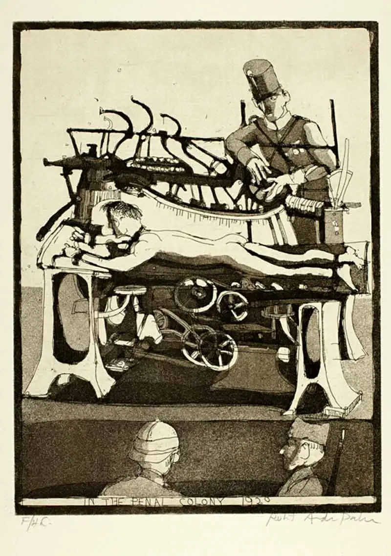 Title graphic for In the Penal Colony by Franz Kafka, featuring a close-up drawing of the story's execution apparatus, an officer, and a condemned man.