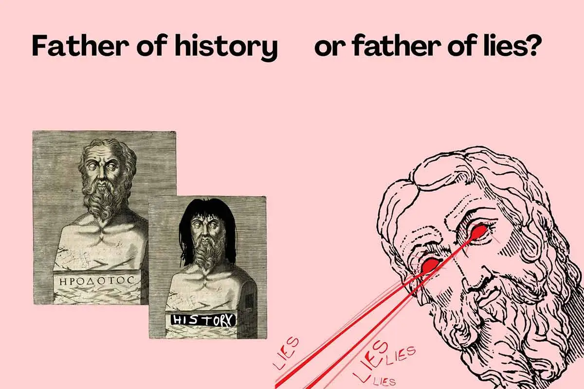 Herodotus Father of History vs Father of Lies illustration. Features ancient Greek busts and a laser-eye graphic symbolizing the academic feud between Herodotus, Thucydides, and Plutarch.