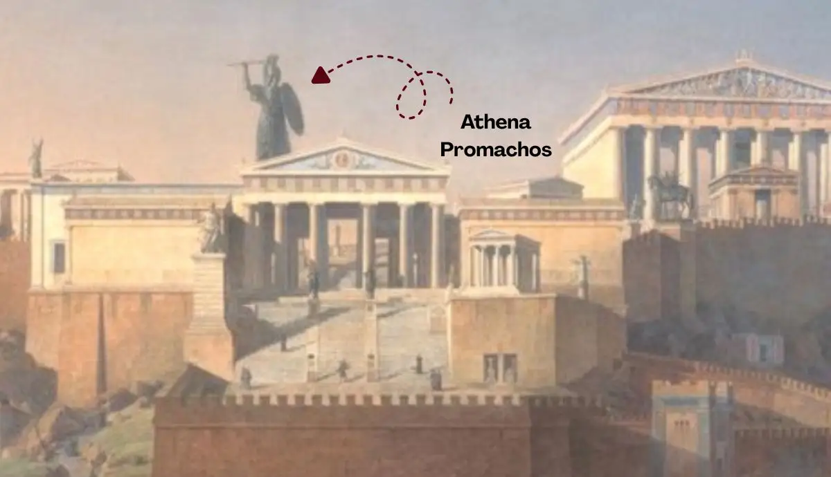A painting of an ancient Athenian acropolis featuring a large statue of Athena Promachos overlooking the city.