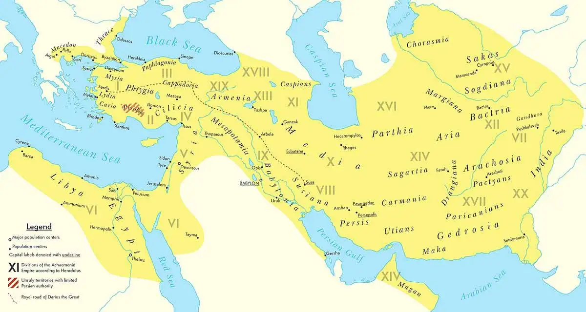 Map of the Achaemenid Empire's greatest territorial extent, achieved during the reign of Darius the Great (522–486 BC)
