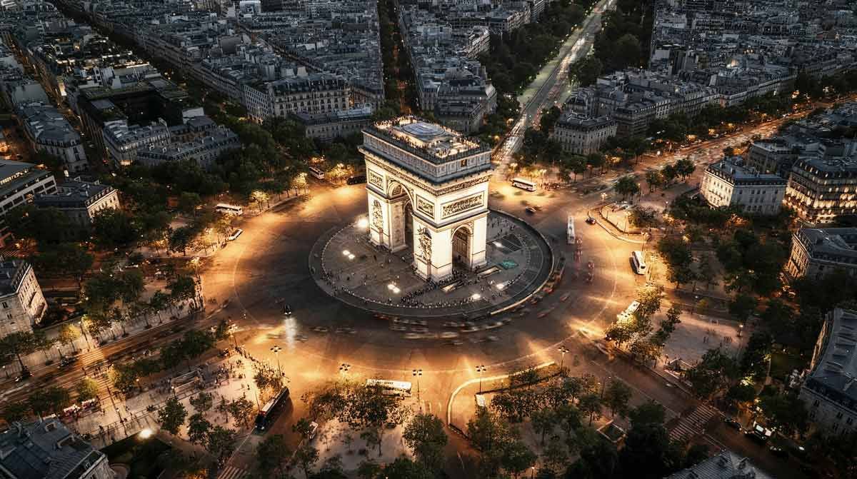 an aerial photo of arc de triomphe in Paris